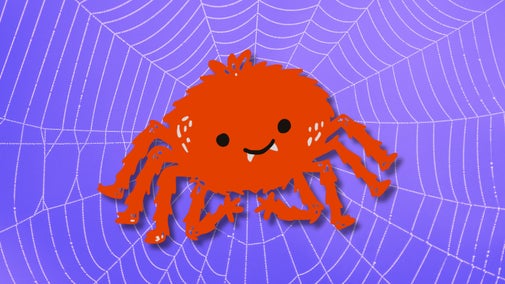 A graphic of a friendly looking orange/brown spider sitting in the centre on a web with a purple background